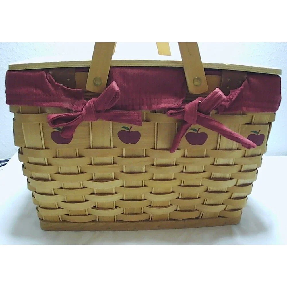 Vintage Longaberger Basket w/Apple Motif Lid, Handles, Fabric Liner 12x8x8.5